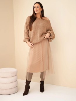 Sweter damski luźny z dodatkiem wełny z sukienka z tiulem camelowy