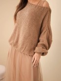 Sweter damski luźny z dodatkiem wełny z sukienka z tiulem camelowy