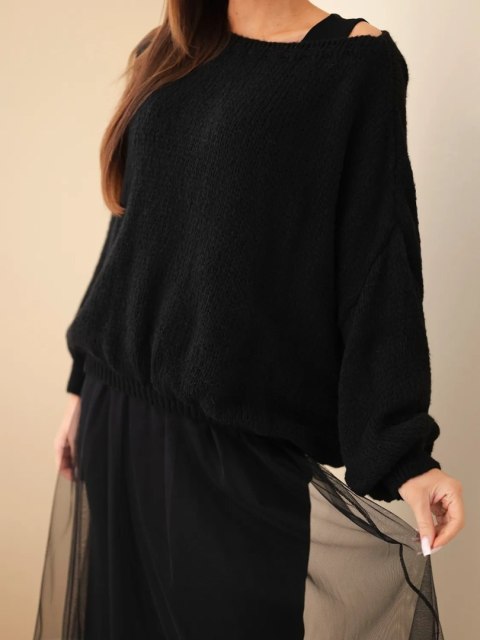 Sweter damski luźny z dodatkiem wełny z sukienka z tiulem czarny