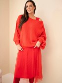 Sweter damski luźny z dodatkiem wełny z sukienka z tiulem czerwony