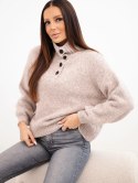 Sweter damski z wysokim kołnierzem i ozdobnymi guzikami beżowy melanż