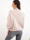Sweter damski z wysokim kołnierzem i ozdobnymi guzikami beżowy melanż