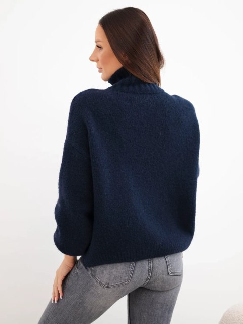 Sweter damski z wysokim kołnierzem i ozdobnymi guzikami granatowy