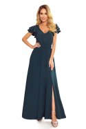 310-1 LIDIA długa sukienka z dekoltem i falbankami - ZIELEŃ BUTELKOWA Numoco