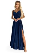 299-10 CHIARA elegancka maxi długa suknia na ramiączkach - GRANATOWA Z BROKATEM Numoco