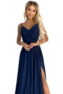 299-10 CHIARA elegancka maxi długa suknia na ramiączkach - GRANATOWA Z BROKATEM Numoco