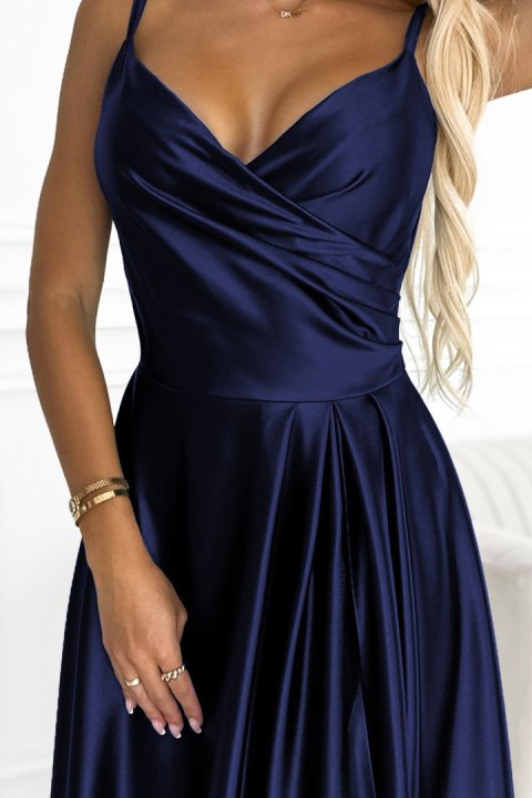 299-12 CHIARA elegancka maxi długa satynowa suknia na ramiączkach - GRANATOWA Numoco