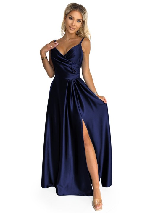 299-12 CHIARA elegancka maxi długa satynowa suknia na ramiączkach - GRANATOWA Numoco