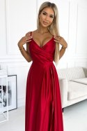 299-14 CHIARA elegancka maxi długa satynowa suknia na ramiączkach - CZERWONA Numoco