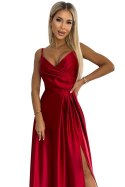 299-14 CHIARA elegancka maxi długa satynowa suknia na ramiączkach - CZERWONA Numoco