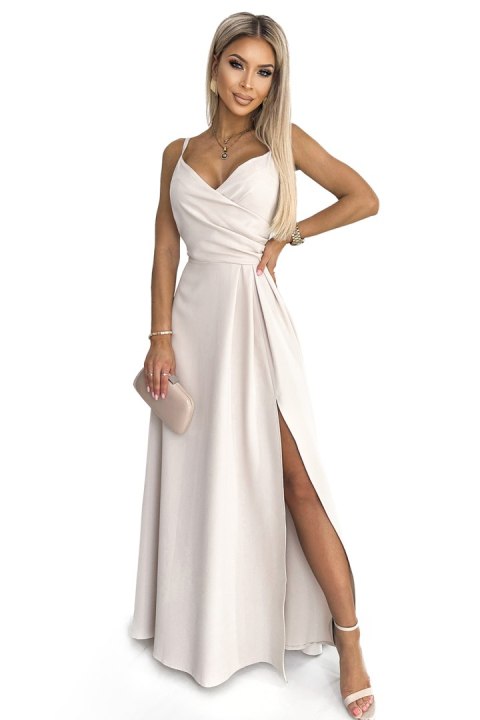 299-6 CHIARA elegancka maxi długa suknia na ramiączkach - BEŻOWA Numoco