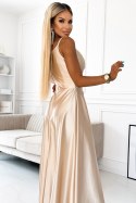 299-8 CHIARA elegancka maxi długa satynowa suknia na ramiączkach - ZŁOTA Numoco