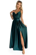 299-9 CHIARA elegancka maxi długa satynowa suknia na ramiączkach - ZIELEŃ BUTELKOWA Numoco