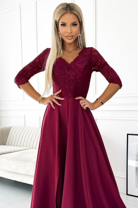 309-9 AMBER elegancka długa suknia maxi z koronkowym dekoltem - BORDOWA Numoco
