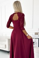 309-9 AMBER elegancka długa suknia maxi z koronkowym dekoltem - BORDOWA Numoco