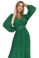 414-3 KLARA plisowana sukienka z paskiem i dekoltem - JASNA ZIELEŃ Numoco basic
