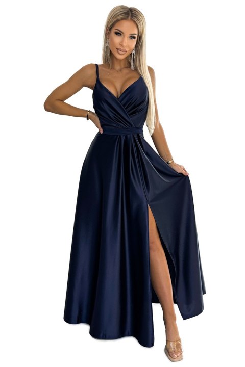 512-2 JULIET elegancka długa satynowa suknia z dekoltem - GRANATOWA Numoco