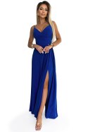 299-17 CHIARA elegancka maxi długa suknia na ramiączkach - CHABROWA Z BROKATEM Numoco