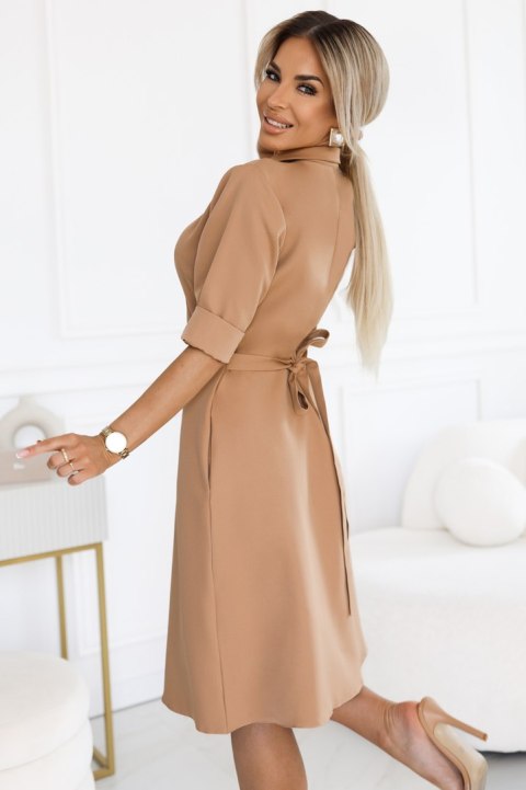 286-8 SANDY Koszulowa rozkloszowana sukienka z paskiem - MOCHA MOUSSE Numoco