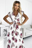 434-8 LISA Plisowana sukienka midi z dekoltem i falbankami - ecru + bordowe kwiaty Numoco basic