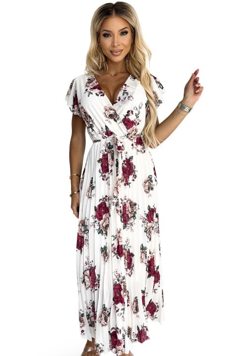 434-8 LISA Plisowana sukienka midi z dekoltem i falbankami - ecru + bordowe kwiaty Numoco basic