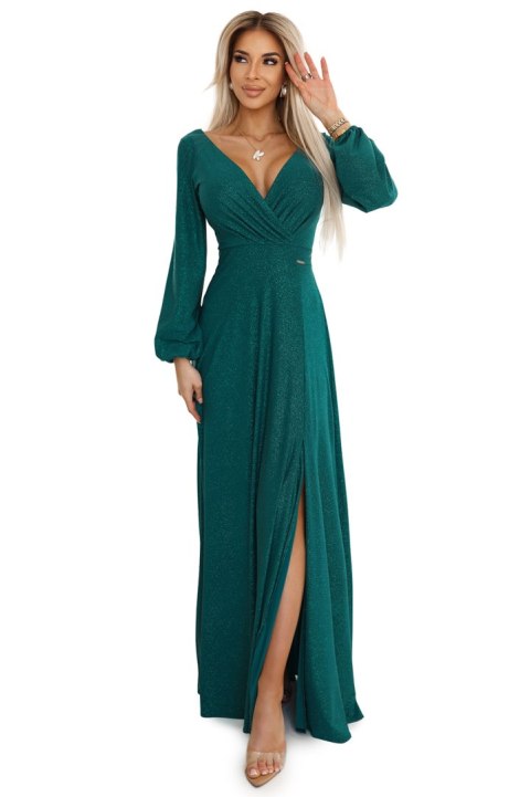 572-4 NELA połyskująca długa suknia z dekoltem, długim rękawkiem i rozcięciem na nogę - ZIELEŃ BUTELKOWA Numoco