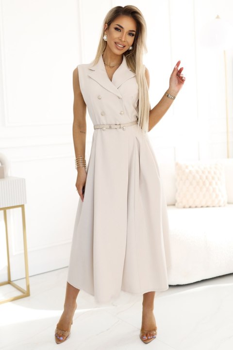 596-1 Elegancka szmizjerka midi ze złotymi guzikami i paskiem - BEŻOWA Numoco basic