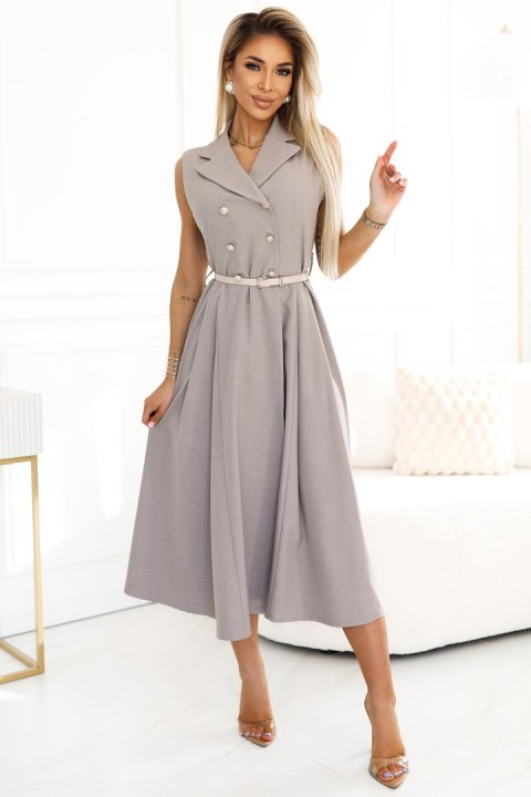 596-2 Elegancka szmizjerka midi ze złotymi guzikami i paskiem - SZARY BEŻ Numoco basic