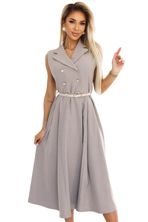 596-2 Elegancka szmizjerka midi ze złotymi guzikami i paskiem - SZARY BEŻ Numoco basic