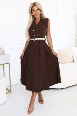 596-4 Elegancka szmizjerka midi ze złotymi guzikami i paskiem - CZEKOLADOWA Numoco basic