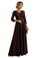 309-14 AMBER elegancka długa koronkowa suknia z dekoltem - czekolada Numoco