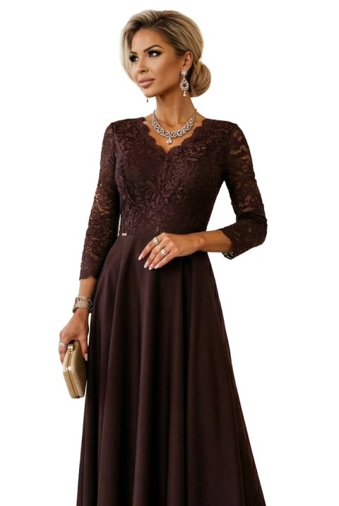 309-14 AMBER elegancka długa koronkowa suknia z dekoltem - czekolada Numoco