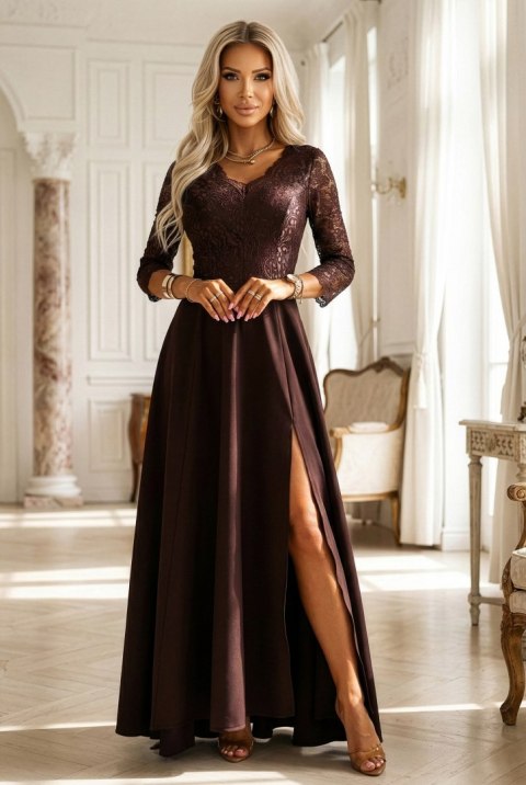 309-14 AMBER elegancka długa koronkowa suknia z dekoltem - czekolada Numoco