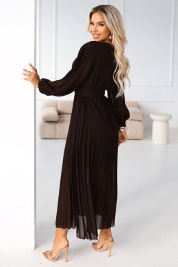 414-11 KLARA plisowana elegancka sukienka midi z paskiem i dekoltem - czekoladowa Numoco basic