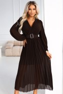 414-11 KLARA plisowana elegancka sukienka midi z paskiem i dekoltem - czekoladowa Numoco basic