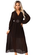 414-11 KLARA plisowana elegancka sukienka midi z paskiem i dekoltem - czekoladowa Numoco basic