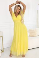 562-8 NASTIA Długa sukienka z dekoltem, wiązaniem i krótkim rękawkiem - cytrynowe limoncello Numoco basic