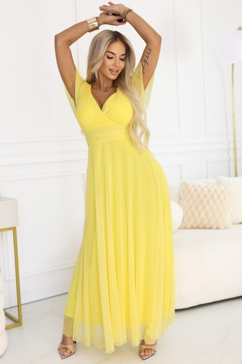 562-8 NASTIA Długa sukienka z dekoltem, wiązaniem i krótkim rękawkiem - cytrynowe limoncello Numoco basic