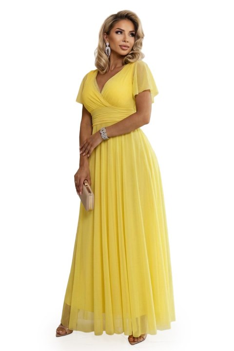 562-8 NASTIA Długa sukienka z dekoltem, wiązaniem i krótkim rękawkiem - cytrynowe limoncello Numoco basic