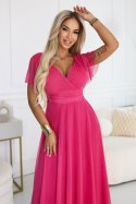 562-9 NASTIA Długa sukienka z dekoltem, wiązaniem i krótkim rękawkiem - malinowy sorbet Numoco basic