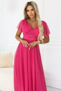 562-9 NASTIA Długa sukienka z dekoltem, wiązaniem i krótkim rękawkiem - malinowy sorbet Numoco basic