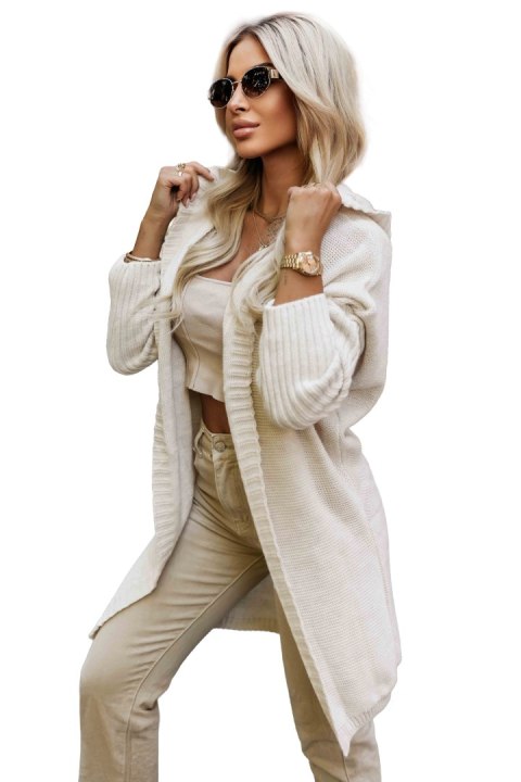 629-1 Wygodny kardigan oversize z kapturem i stylową naszywką - beżowy Numoco basic