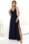 634-1 MIRA elegancka sukienka maxi z kopertowym dekoltem i rozcięciem na nodze - granatowa Numoco