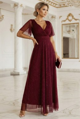 635-5 MELANIA długa błyszcząca suknia z dekoltem i krótkim rękawkiem - bordowa Numoco basic