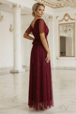 635-5 MELANIA długa błyszcząca suknia z dekoltem i krótkim rękawkiem - bordowa Numoco basic