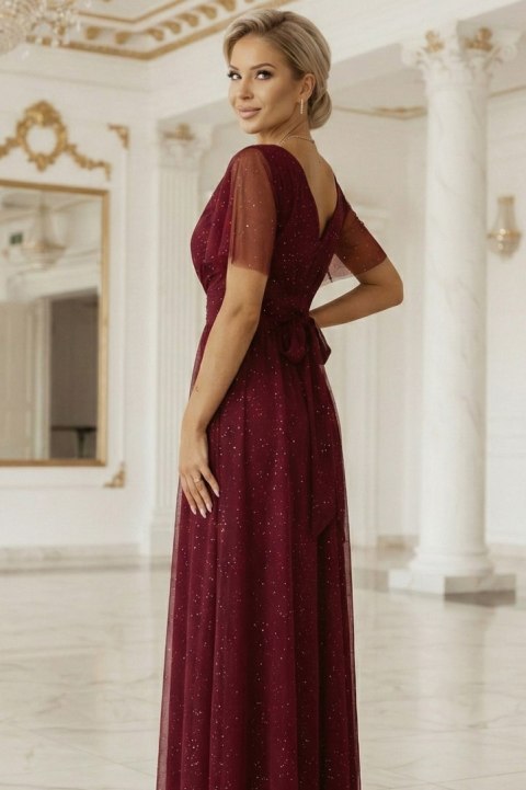 635-5 MELANIA długa błyszcząca suknia z dekoltem i krótkim rękawkiem - bordowa Numoco basic
