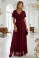 635-5 MELANIA długa błyszcząca suknia z dekoltem i krótkim rękawkiem - bordowa Numoco basic