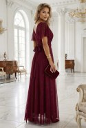 635-5 MELANIA długa błyszcząca suknia z dekoltem i krótkim rękawkiem - bordowa Numoco basic
