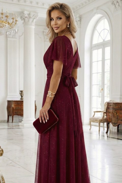 635-5 MELANIA długa błyszcząca suknia z dekoltem i krótkim rękawkiem - bordowa Numoco basic