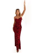 645-2 Dopasowana sukienka maxi z kopertowym dekoltem i rozcięciem - bordowa z eleganckim wzorem Numoco basic